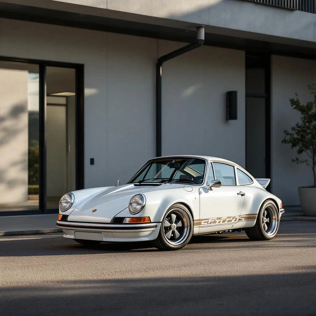 Porsche 911 Spirit 70 blanche devant un bâtiment moderne