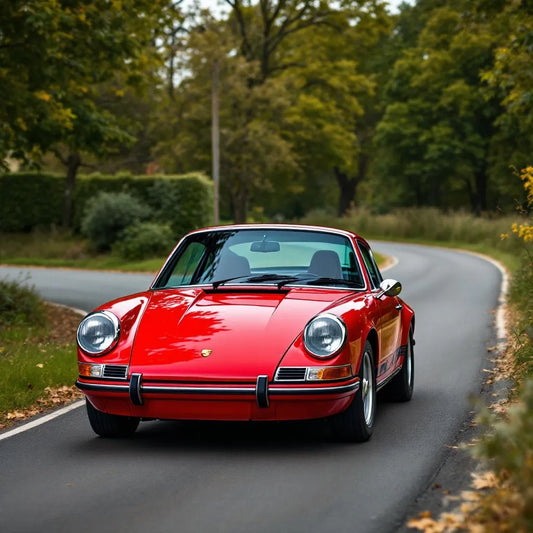 Porsche 911 Spirit 70 rouge sur route de campagne