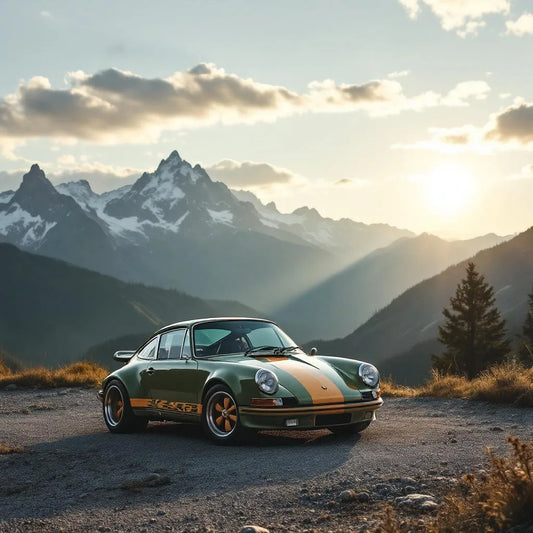 Porsche 911 Spirit 70 devant des montagnes