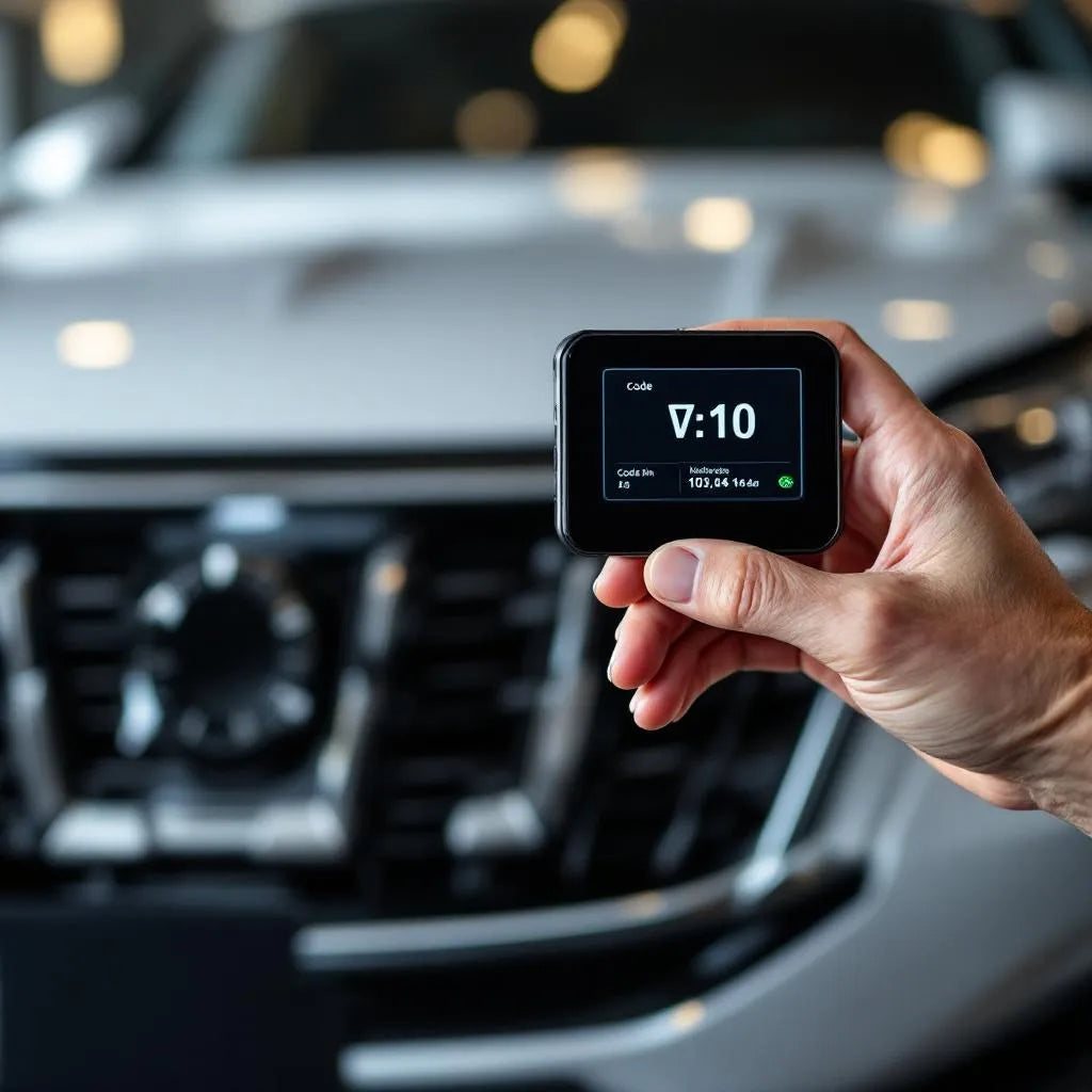 décodeur VIN affichant l'historique véhicule sur un écran digital devant une voiture d'occasion
