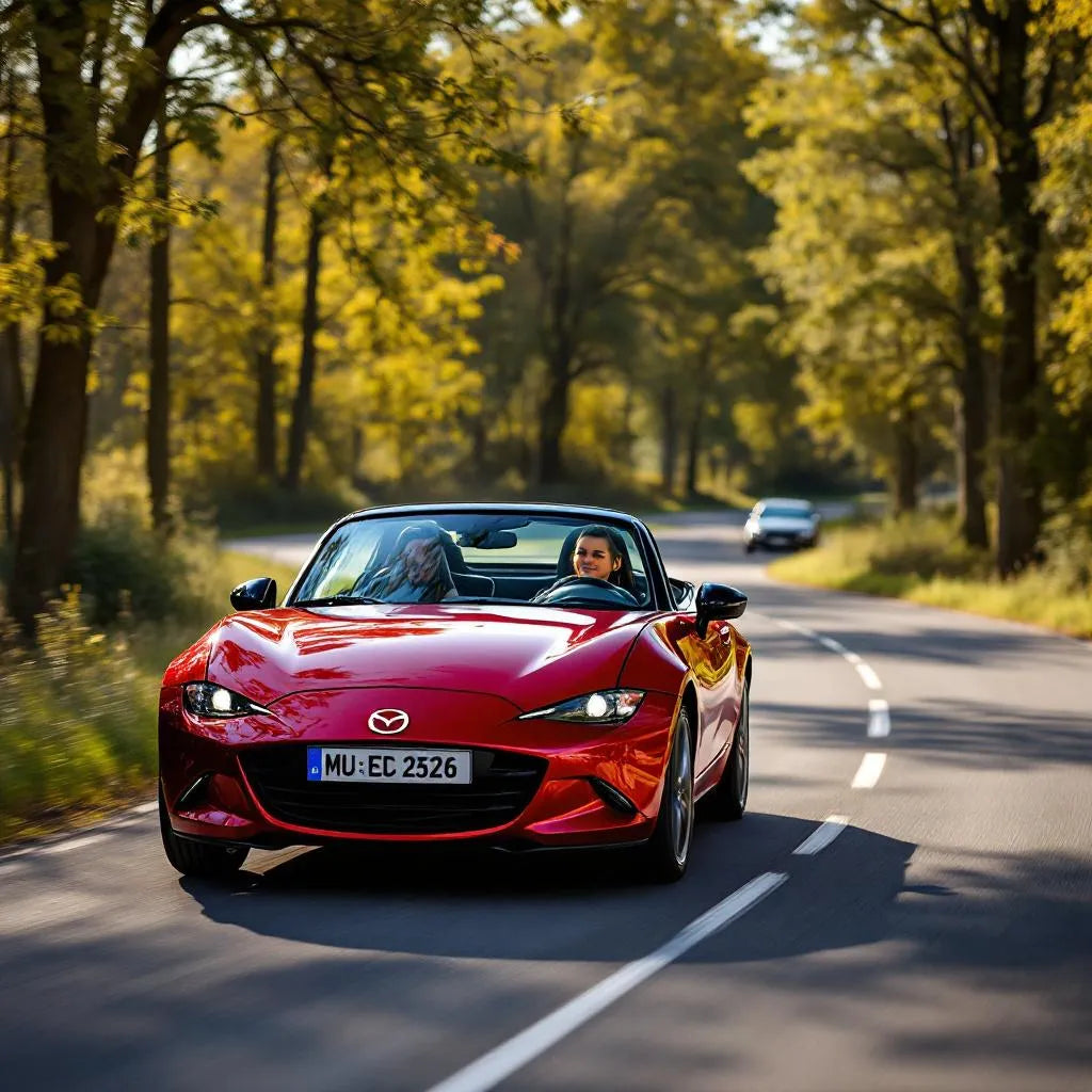 Mazda MX-5 NC Essence 1.8 126 rouge sur route de campagne