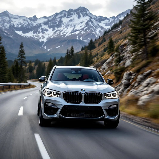 BMW X3 M50 xDrive vue trois-quarts avant sur route de montagne