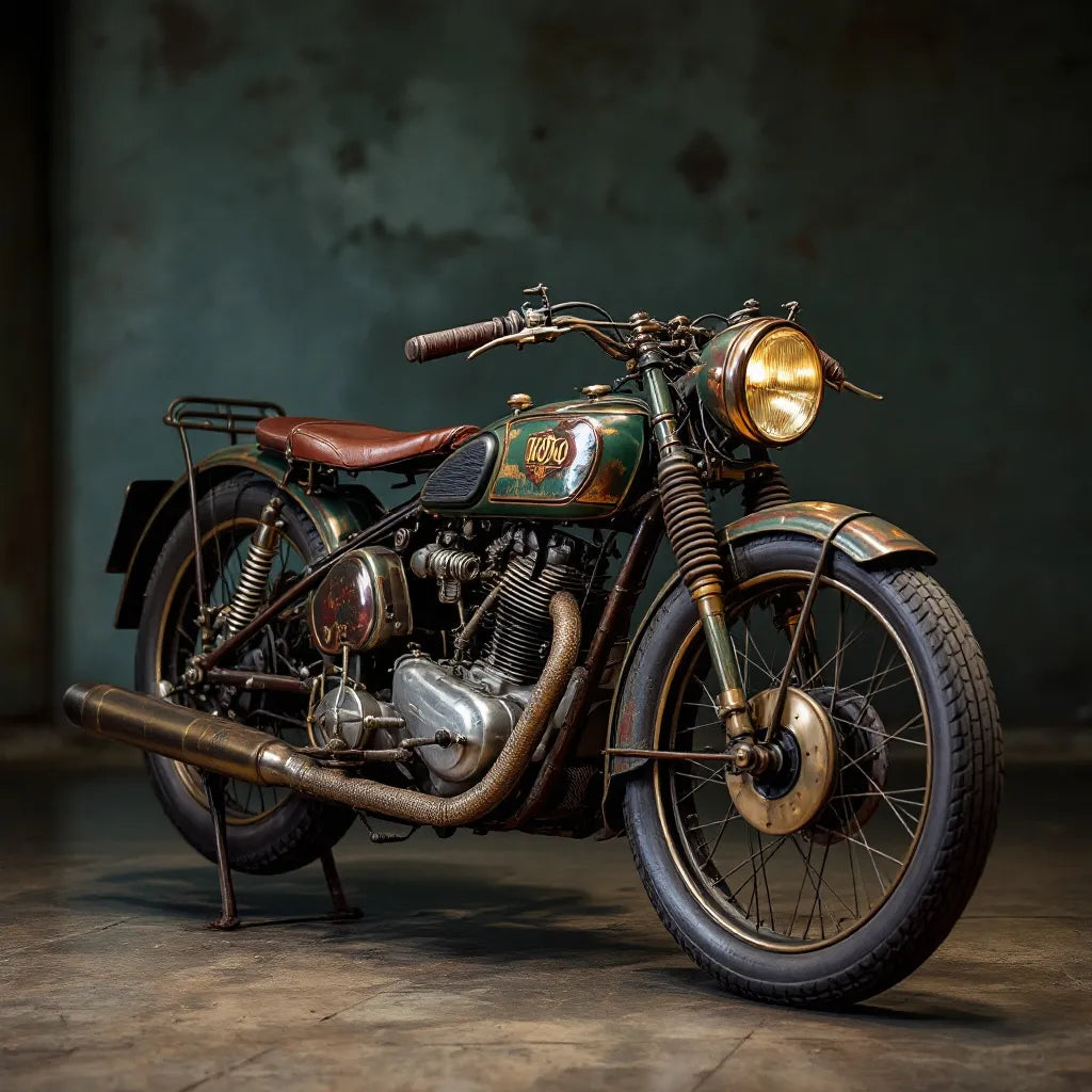 Ancienne moto vintage restaurée exposée dans un décor rétro