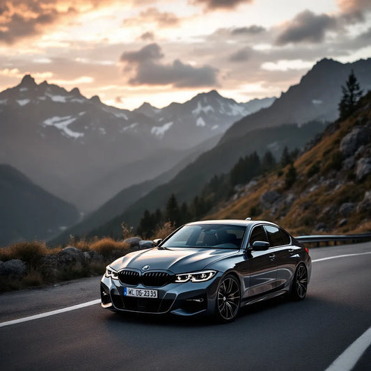 Vue de la BMW Série 3 F30 328i sur une route de montagne