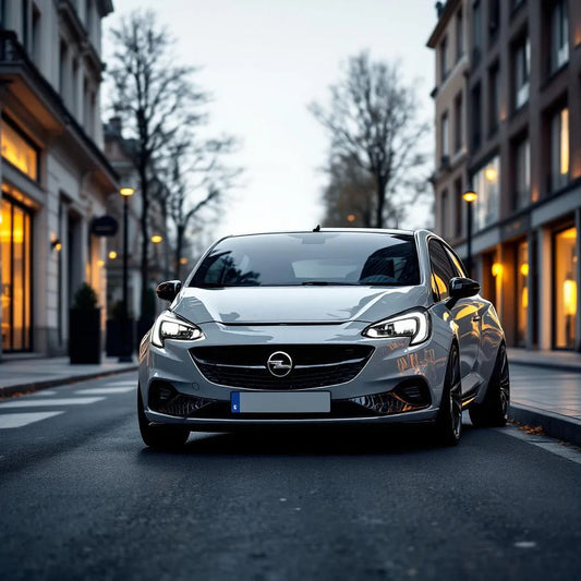 Opel Corsa F électrique 50 kWh garée sur fond urbain