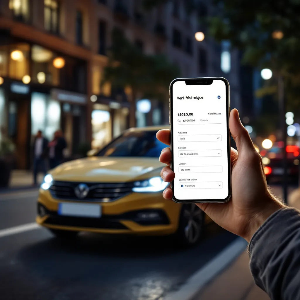 Consultation d'un historique voiture gratuit vin sur smartphone devant une voiture d'occasion