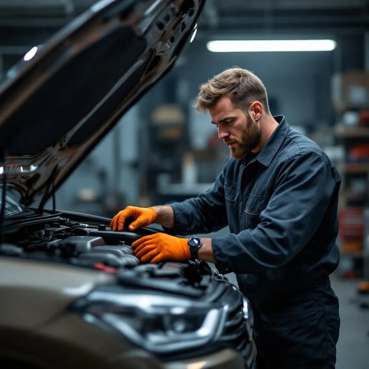 Mécanicien vérifiant le voyant moteur orange allumé sur le tableau de bord d’une voiture en atelier