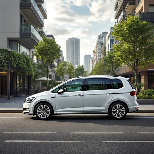Volkswagen Touran I devant un paysage urbain