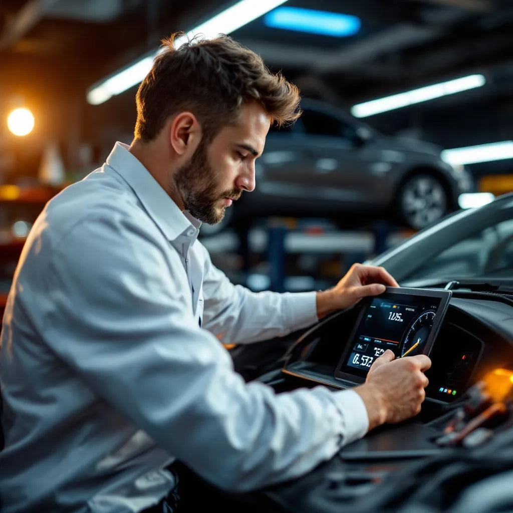 Expert vérifiant un compteur pour verification kilometrage vehicule dans un garage