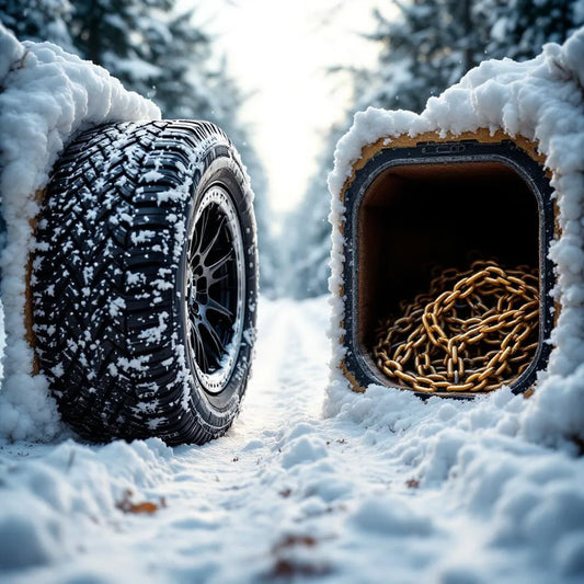 Voiture vue éclatée présentant pneus hiver montés et chaînes dans le coffre pour illustrer pneus hiver ou chaînes