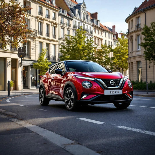 Nissan Juke F16 rouge garé en ville