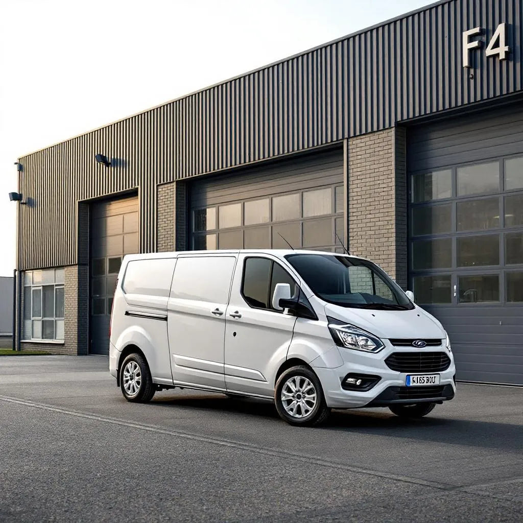 Ford Transit Custom Diesel 2.2 TDCi 125ch blanc garé devant un entrepôt