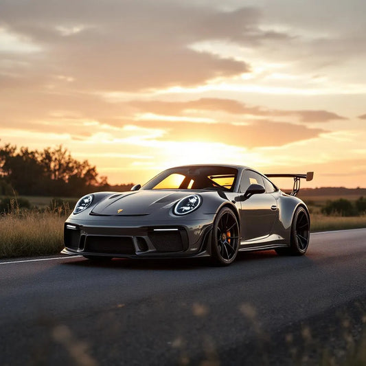 Porsche 911 Spirit 70 grise sur route de campagne