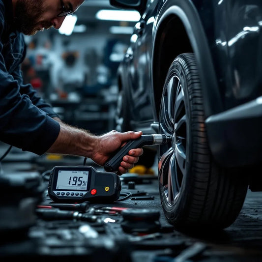 Mécanicien vérifiant la bonne pression pneus Peugeot 2008 avec un manomètre dans un atelier professionnel.