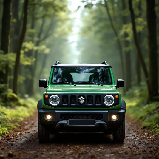 Suzuki Jimny III vert sur chemin forestier
