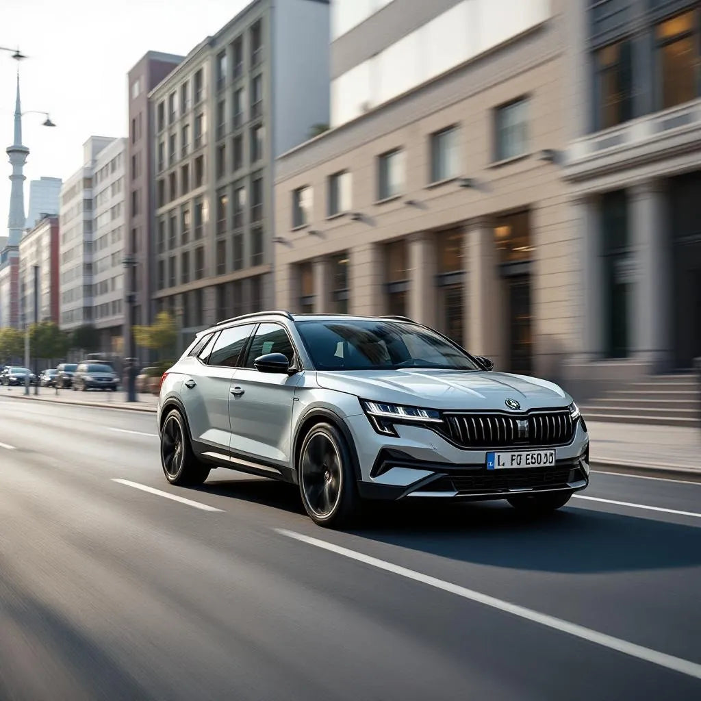 Skoda Elroq RS 2025 grise sur route urbaine