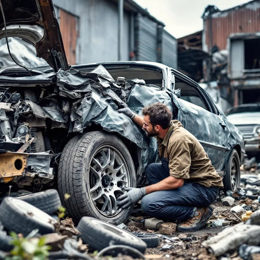 voiture cassée en inspection dans une casse automobile avec un mécanicien vérifiant les roues et la carrosserie
