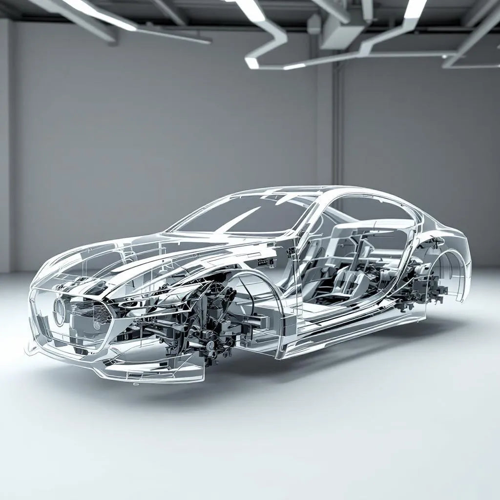 Châssis voiture métallique exposé sous une carrosserie transparente montrant la structure du châssis