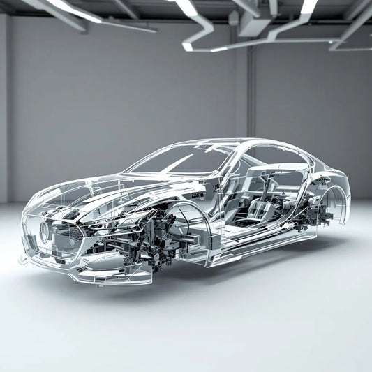 Châssis voiture métallique exposé sous une carrosserie transparente montrant la structure du châssis