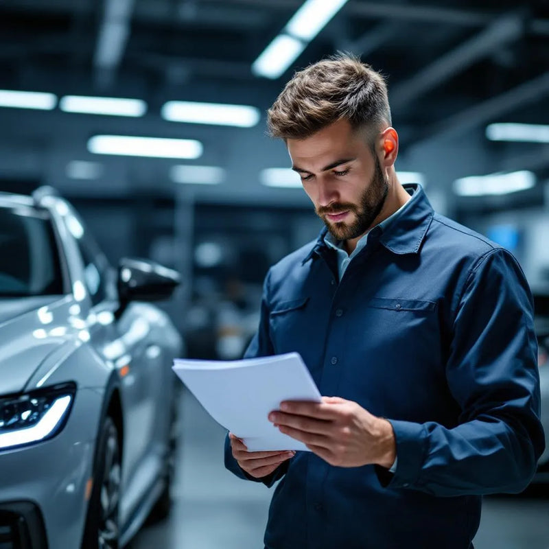 Carnet d'entretien voiture vérifié par un mécanicien dans un garage pour assurer la fiabilité