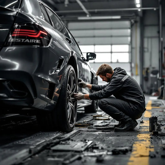 Mécanicien installant un pneu neuf à l'avant d'une voiture sur cric, illustrant faut-il pneus neufs avant ou arrière