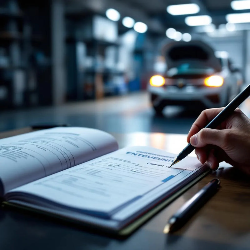 Carnet d'entretien d'une voiture ouvert avec stylo et voiture en arrière-plan