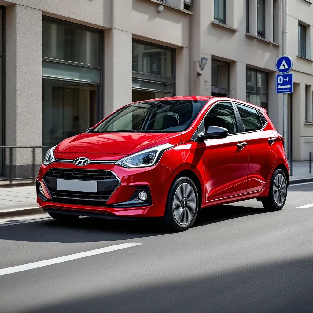 Hyundai i10 II rouge garée en ville