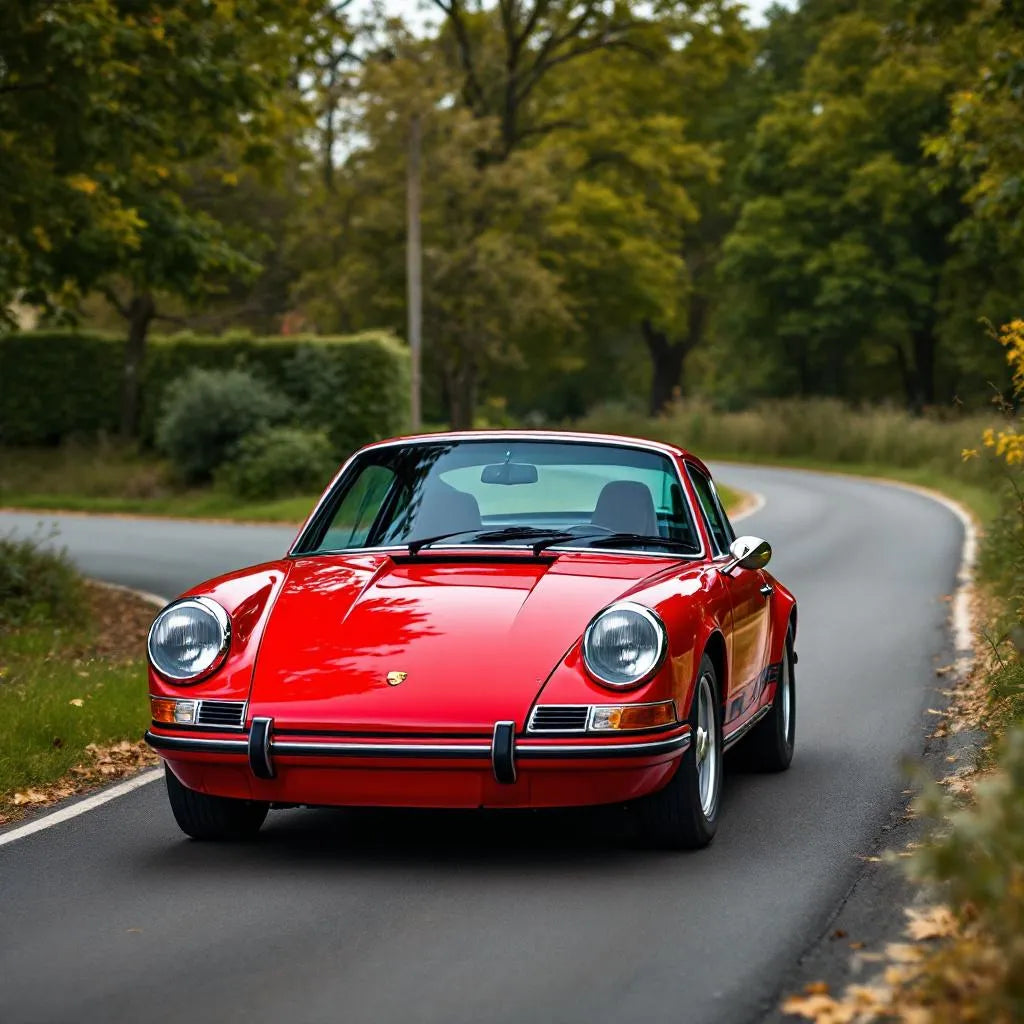 Porsche 911 Spirit 70 rouge sur route de campagne