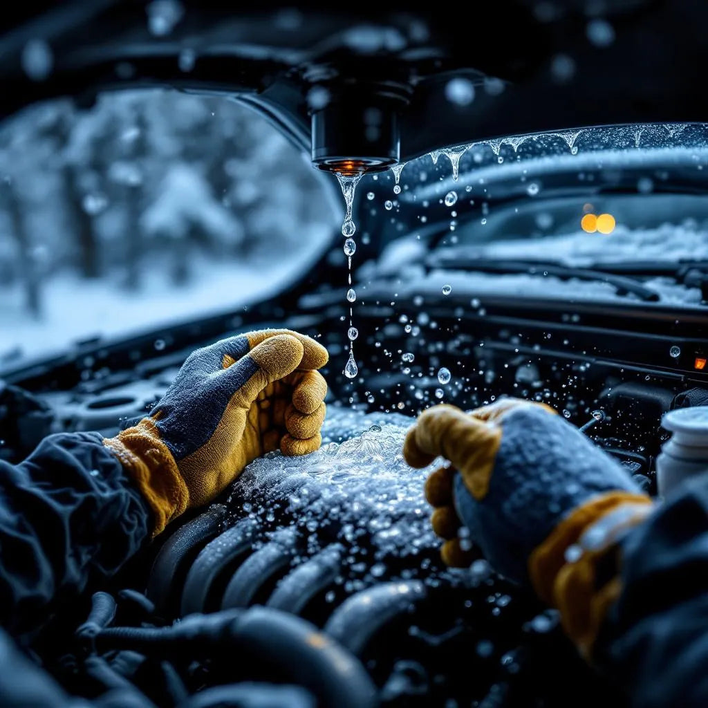 Vue moteur auto avec flacon de lave-glace antigel et gants de protection en hiver