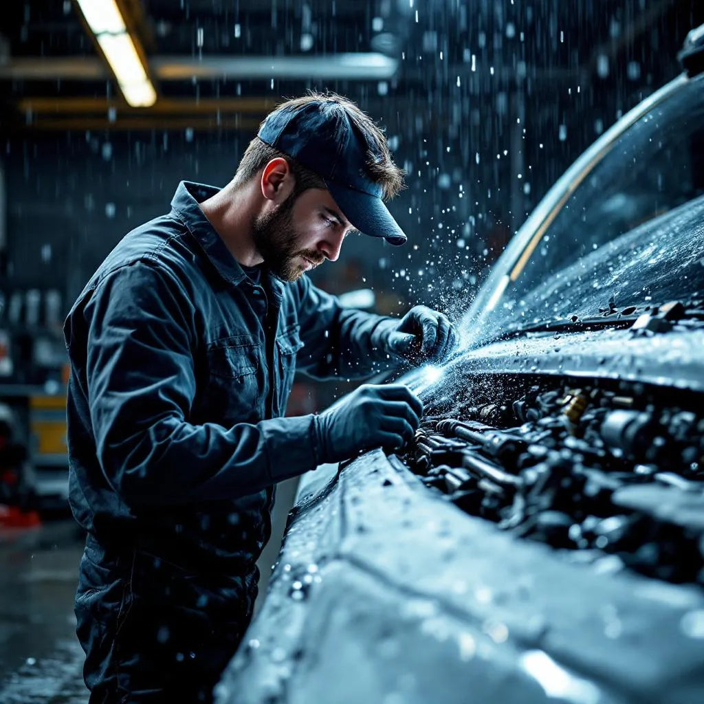 Mécanicien remplaçant des balais d'essuie-glace sur pare-brise de voiture