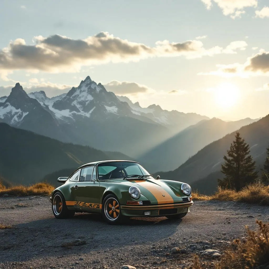 Porsche 911 Spirit 70 devant des montagnes