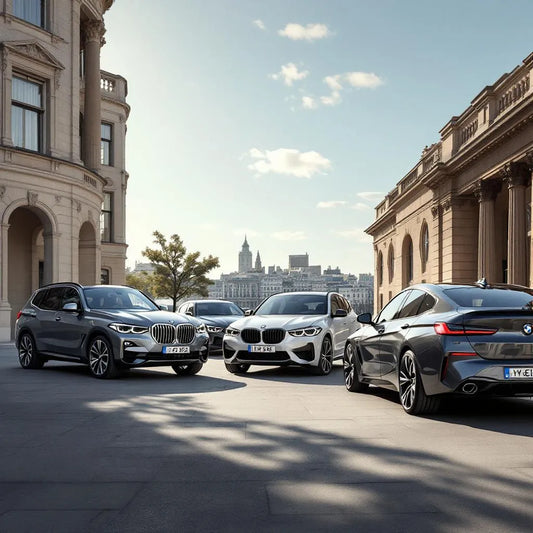 Gamme BMW 2025 avec plusieurs modèles hybrides visibles en extérieur