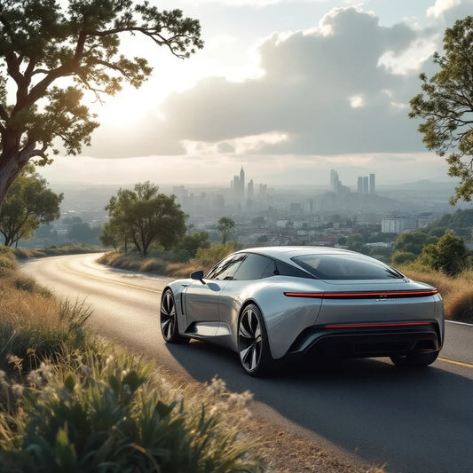 voiture plus fiable moderne sur route dégagée avec panorama urbain et nature