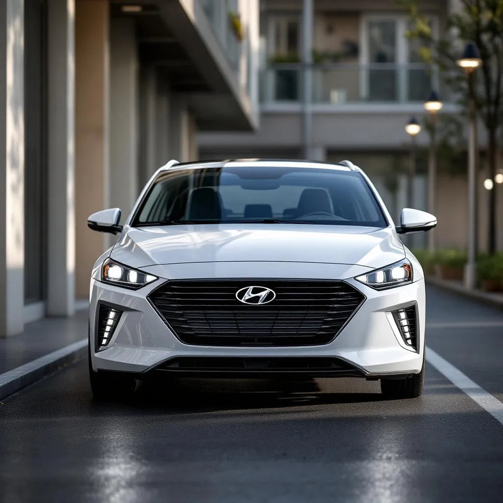 Hyundai Ioniq Hybride 1.6 GDi blanche vue avant