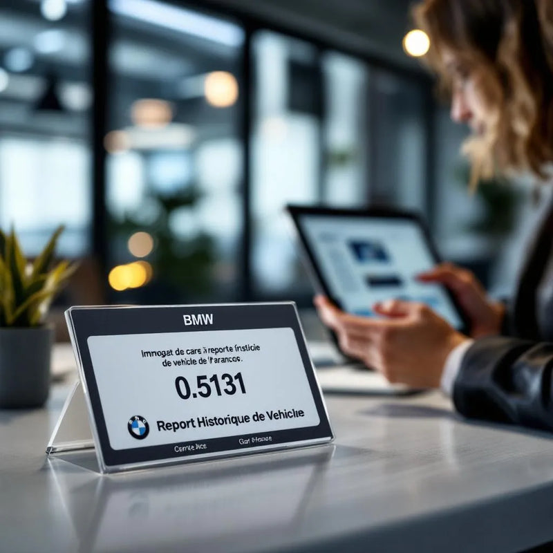 Identification VIN BMW affichée sur plaque et carte grise avec rapport d'historique fiable