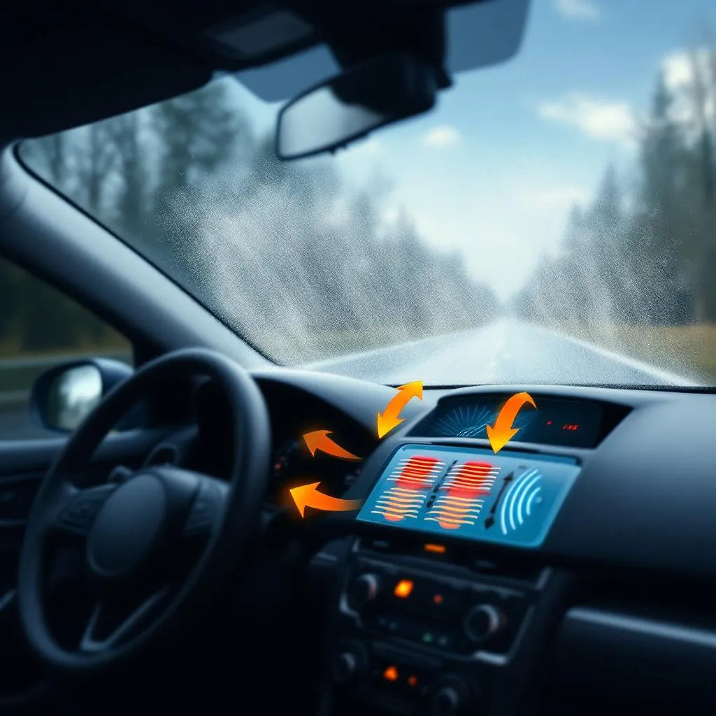 Vue technique du désembuage pare-brise montrant flux d'air chaud et grilles d'aération