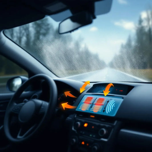Vue technique du désembuage pare-brise montrant flux d'air chaud et grilles d'aération