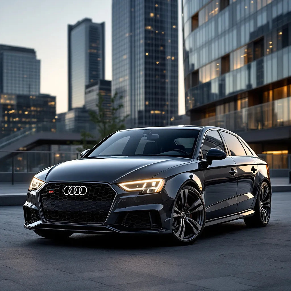 Audi A3 (8V) Diesel 2.0 TDI devant un paysage urbain