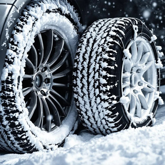 Deux pneus hiver, l'un chaînes, l'autre chaussettes neige, installation par mécanicien, traction et sécurité.