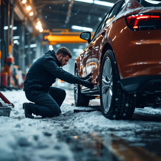 Mécanicien préparant le changement de pneus été pour hiver sur voiture en atelier