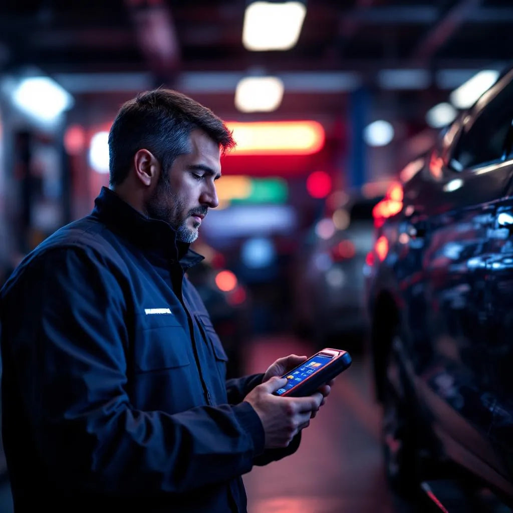 Expert en diagnostic automobile utilisant un outil de lecture codes erreurs sur une voiture