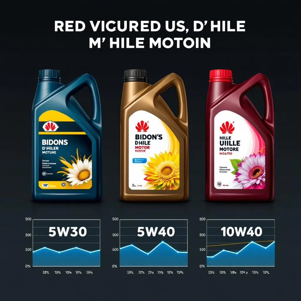 Trois bidons d'huile moteur 5W30, 5W40 et 10W40 illustrant les indices de viscosité
