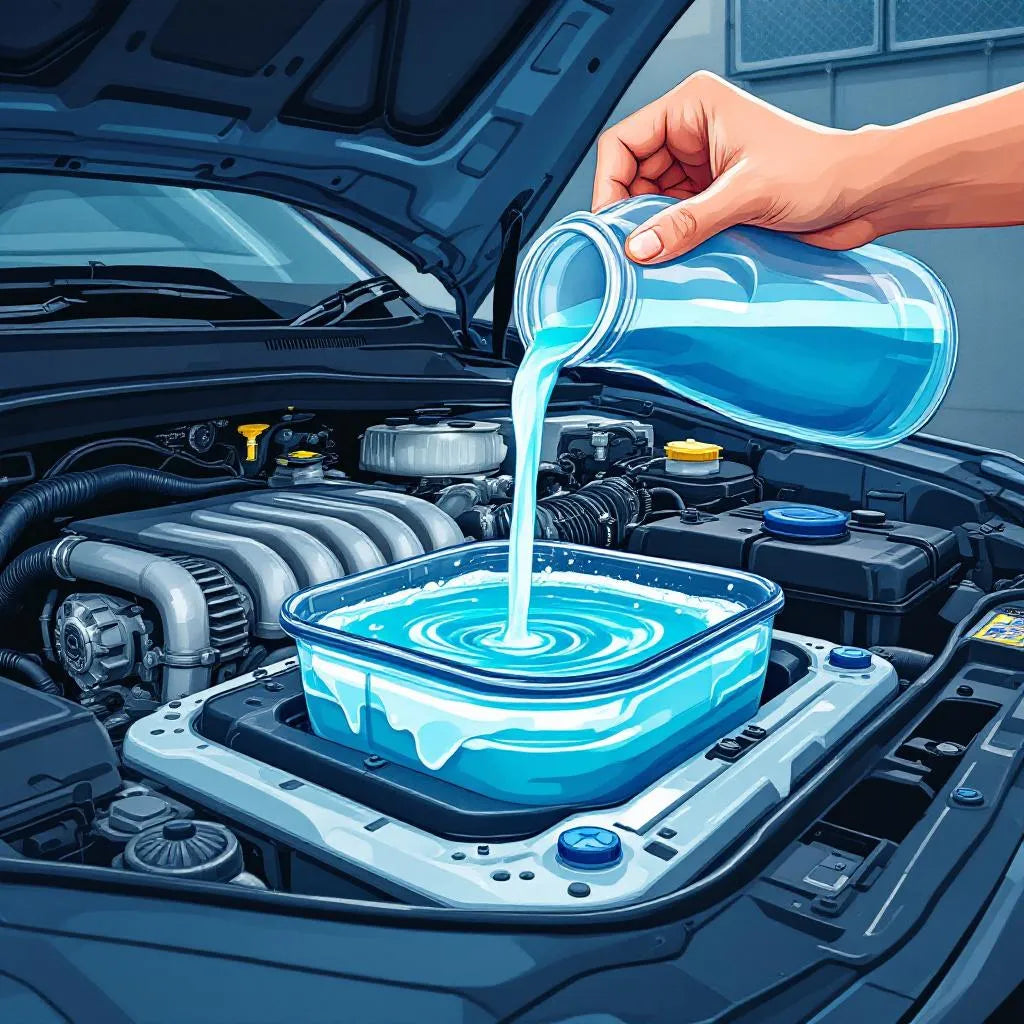 Vue du réservoir de lave-glace ouvert avec main gantée versant le liquide