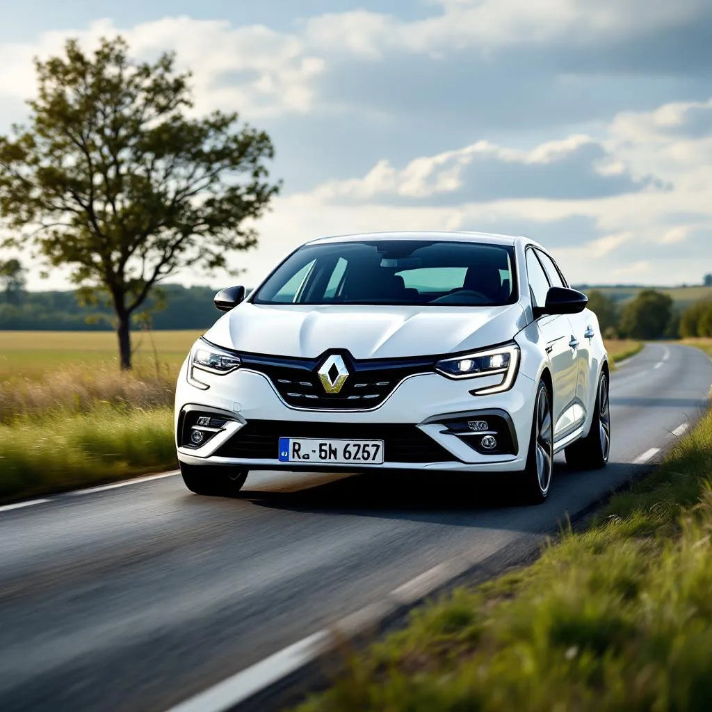 Renault Mégane III Essence 1.6 16v 110ch blanche vue trois-quarts avant