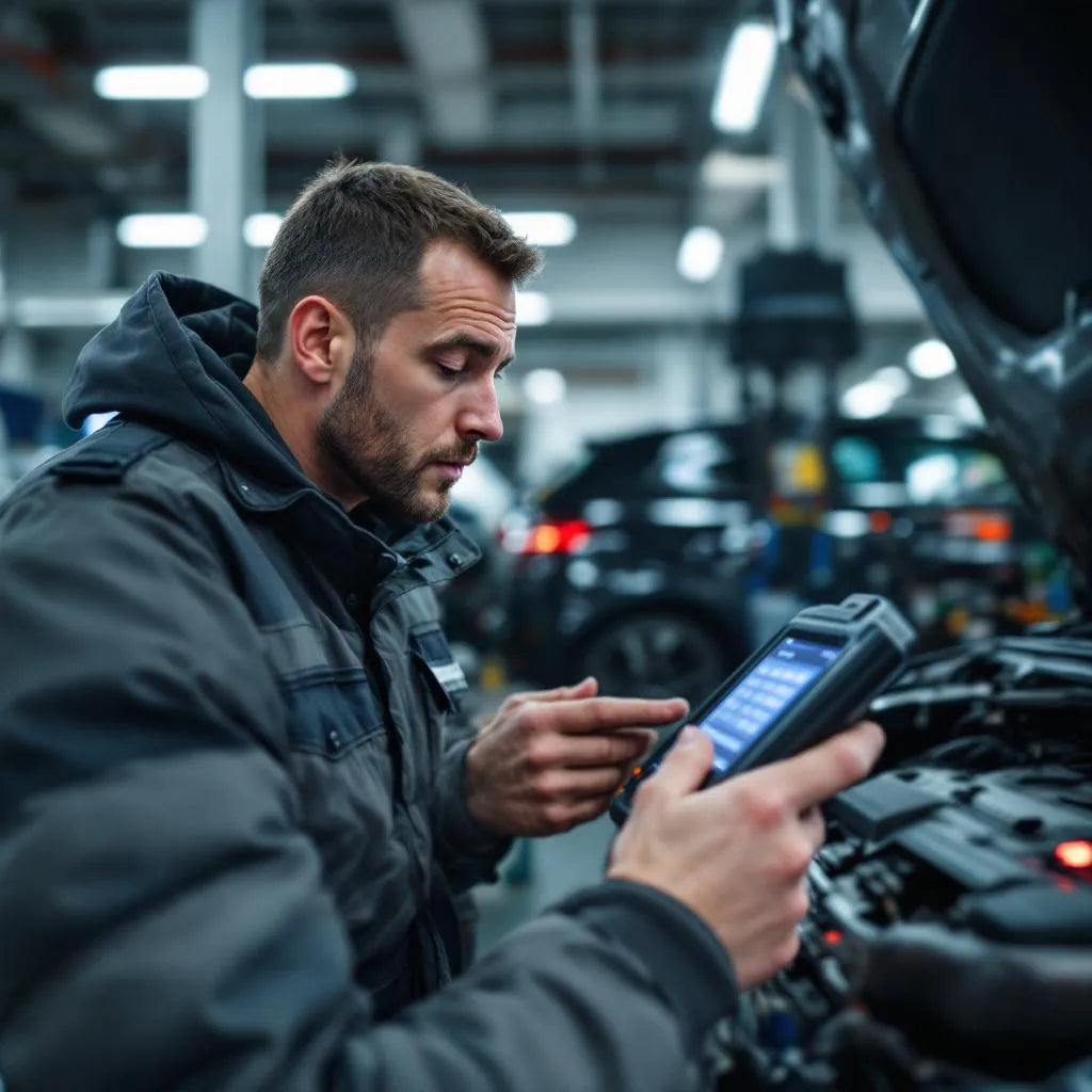 Mécanicien effectuant un diagnostique auto avec scanner OBD et valise de diagnostic