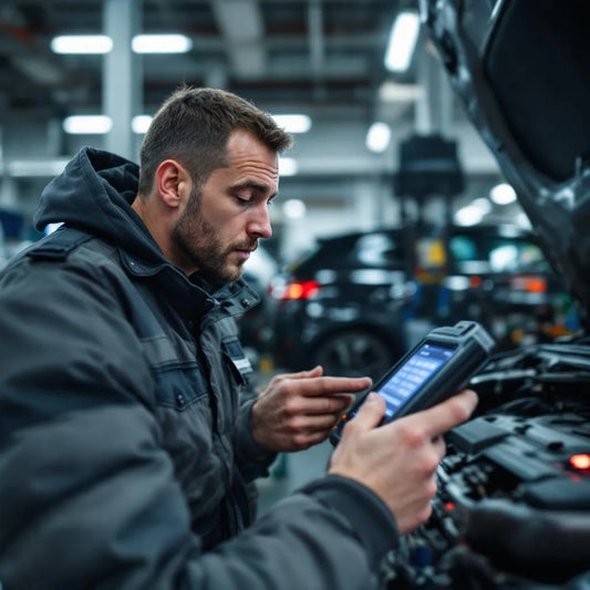 Mécanicien effectuant un diagnostique auto avec scanner OBD et valise de diagnostic