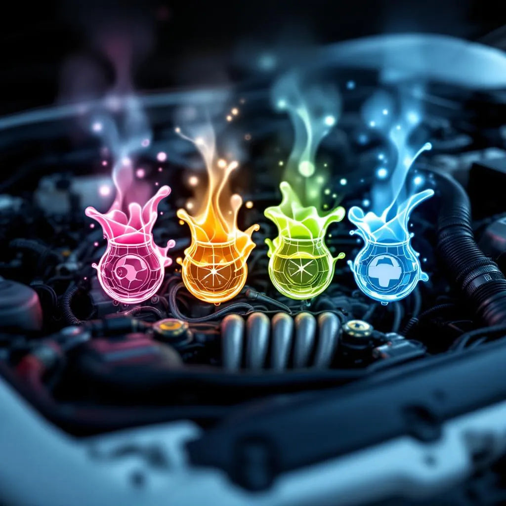 Moteur de voiture et flacons de liquide de refroidissement colorés rose, jaune, vert et bleu