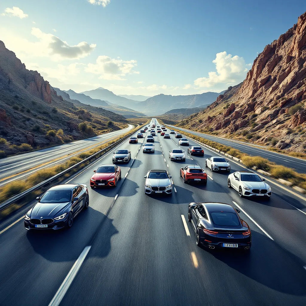 Voitures les plus fiables roulant sur une route panoramique sous un ciel clair