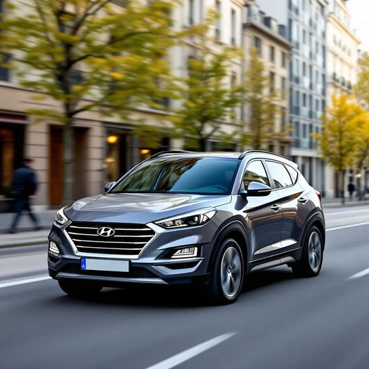 Hyundai Tucson 1.6 T-GDi hybride 20th Anniversary gris sur route urbaine