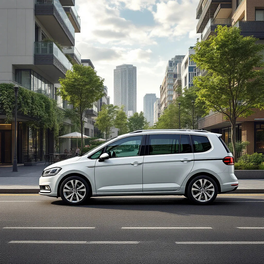 Volkswagen Touran I devant un paysage urbain